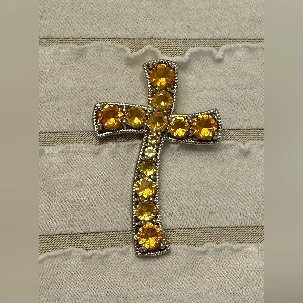 Sterling Silver Cross Necklace Pendant Charm Citrine Stones November Birtbstone
